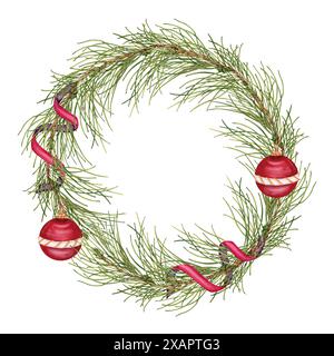 Weihnachtskranz mit handgezeichneten Tannenzweigen, Banddekorationen und Kugelschmuck. Aquarellabbildung isoliert auf weißem Hintergrund Stockfoto