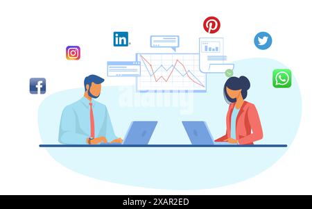 Mann und Frau mit Laptop arbeiten im Büro. Stock Vektor