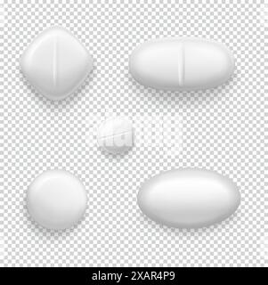 Medizinische Pillen und Kapseln Set, isoliert auf einem transparenten Hintergrund. Realistische 3D-Vektorsymbole. Stock Vektor