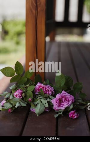 Blumenzusammensetzung. Rosafarbene Wildrose auf hölzernem Hintergrund. Draufsicht mit Kopierbereich Stockfoto