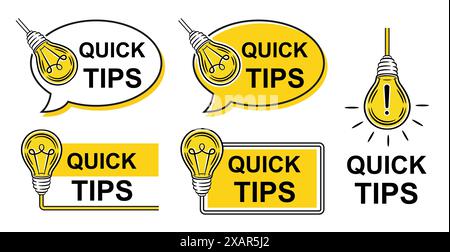 Schnelle Tipps, wussten Sie schon, hilfreiche Ratschläge, nützliche Lerninformationen. Tipp, Expertenhilfe, wichtige Fakten. Sprechblase, Symbol für elektrische Glühlampe Stock Vektor
