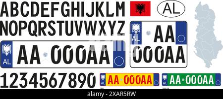 Albanien Autokennzeichen Muster, Buchstaben, Zahlen und Symbole, Vektorillustration Stock Vektor