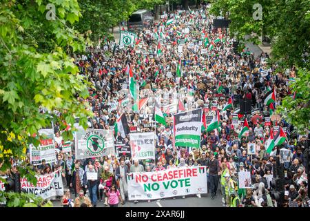 London, England, Großbritannien. Juni 2024. Pro-palästinensische Demonstranten marschieren in Zentral-London gegen israelische Militäroperation gegen die Hamas in Gaza. (Kreditbild: © Tayfun Salci/ZUMA Press Wire) NUR REDAKTIONELLE VERWENDUNG! Nicht für kommerzielle ZWECKE! Stockfoto