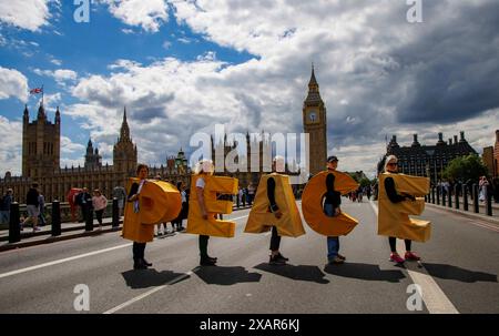 London, Großbritannien. Juni 2024. Demonstranten mit dem Wort FRIEDEN stehen auf der Westminster Bridge. Pro-palästinensische marsch durch das Zentrum von London. Die Demonstranten fordern die britische Regierung auf, Israel kein Geld mehr zu geben. Quelle: Mark Thomas/Alamy Live News Stockfoto