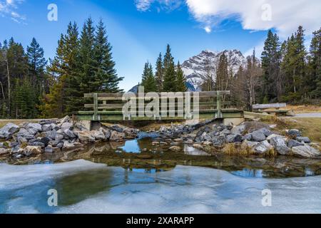 Johnson Lake gefrorene Wasseroberfläche im Winter. Schneebedeckter Cascade Mountain im Hintergrund. Banff National Park, Kanadische Rockies, Alberta, Kanada. Stockfoto