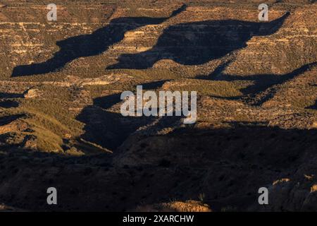 Gorafe Schluchten, Puntal de Don Diego, Oberturolisches und Pliozän, Guadix-Becken, Granada Geopark, Granada Provinz, Andalusien, Spanien. Stockfoto