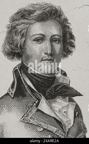 Louis Philippe I. von Frankreich (Louis-Philippe von Orleans) (1773–1850), Herzog von Chartres. König der Franzosen (1830–1848) Porträt des Herzogs von Chartres. Zeichnung von Cerlier. Gravur. Details. "Geschichte der Französischen Revolution". Band I, 1876. Stockfoto