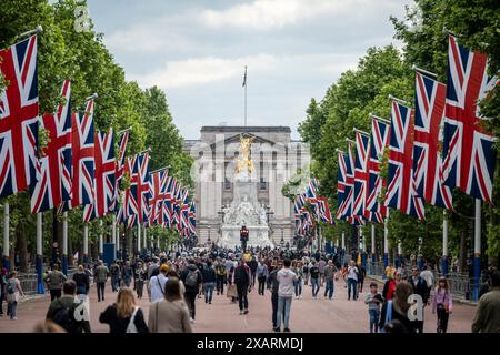 London, Großbritannien. 8. Juni 2024. Touristen in der Mall, die mit Gewerkschaftsflaggen dekoriert wurde, bevor sie am nächsten Wochenende Trooping the Colour antreten. Quelle: Stephen Chung / Alamy Live News Stockfoto