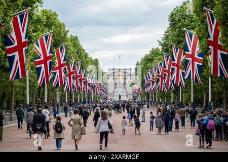 London, Großbritannien. 8. Juni 2024. Touristen in der Mall, die mit Gewerkschaftsflaggen dekoriert wurde, bevor sie am nächsten Wochenende Trooping the Colour antreten. Quelle: Stephen Chung / Alamy Live News Stockfoto