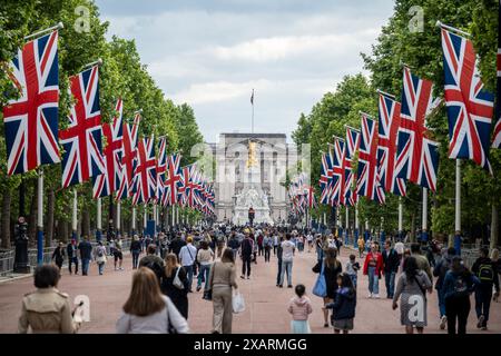 London, Großbritannien. 8. Juni 2024. Touristen in der Mall, die mit Gewerkschaftsflaggen dekoriert wurde, bevor sie am nächsten Wochenende Trooping the Colour antreten. Quelle: Stephen Chung / Alamy Live News Stockfoto