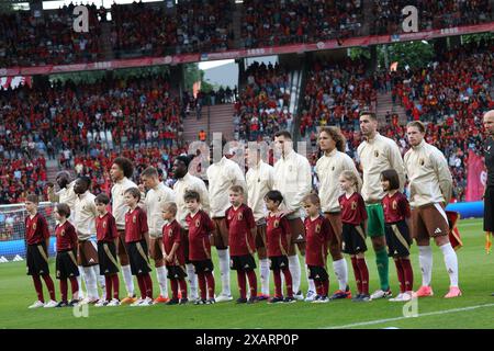 Brüssel, Belgien Juni 2024. Die belgischen Spieler werden am Samstag, den 08. Juni 2024 in Brüssel zu Beginn eines Freundschaftsspiels zwischen der belgischen Fußballnationalmannschaft Red Devils und der luxemburgischen Nationalmannschaft im King Baudouin Stadion (Stade ROI Baudouin - Koning Boudewijnstadion) gezeigt. Die Red Devils bereiten sich auf die bevorstehende Europameisterschaft 2024 in Deutschland vor. BELGA PHOTO VIRGINIE LEFOUR Credit: Belga News Agency/Alamy Live News Stockfoto