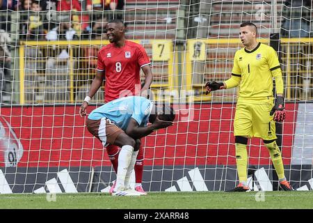 Brüssel, Belgien Juni 2024. Der belgische Amadou Onana reagiert auf ein Freundschaftsspiel zwischen der belgischen Fußballnationalmannschaft Red Devils und der luxemburgischen Nationalmannschaft im King Baudouin Stadion (Stade ROI Baudouin - Koning Boudewijnstadion) am Samstag, den 08. Juni 2024 in Brüssel. Die Red Devils bereiten sich auf die bevorstehende Europameisterschaft 2024 in Deutschland vor. BELGA FOTO BRUNO FAHY Credit: Belga News Agency/Alamy Live News Stockfoto