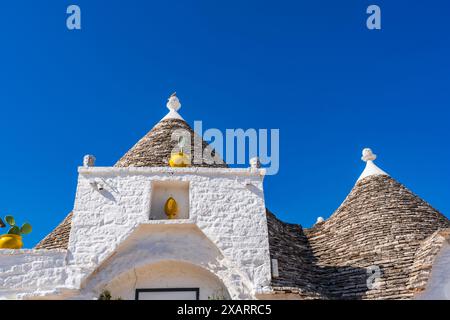 Konische Dächer alter Trulli-Häuser aus Trockenstein in Alberobello. Italien Stockfoto