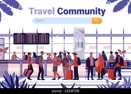 Flughafenterminal-Szene mit verschiedenen Reisenden Gepäck- und Fluginformationen, Leute, die in einer modernen geschäftigen Reise laufen, sprechen und warten Stock Vektor