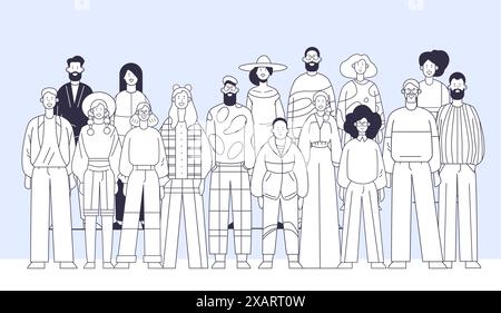 Verschiedene Gruppen von Menschen stehen zusammen minimalistischer Line Art Stil verschiedene Outfits und Frisuren modernes Mode Community Konzept Stock Vektor