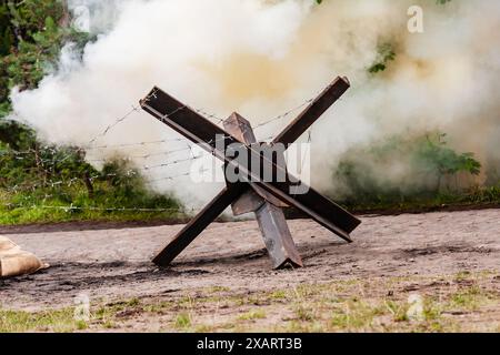 Hintergrund. Bombe explodiert zwischen den Bäumen neuerer tschechischer Igel. Wiederaufbau der Schlacht aus dem Zweiten Weltkrieg. Stockfoto