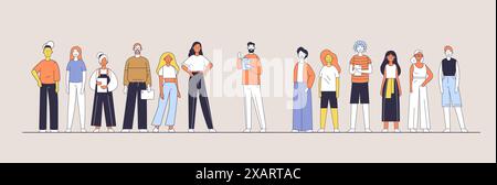 Verschiedene Gruppen von Menschen stehen in einer Reihe verschiedene Outfits und präsentieren minimalistische flache Design-Stil Stock Vektor