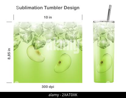 Realistisches Apfelgetränk-Muster mit Eiswürfeln. Nahtlose Sublimationsschablone für dünnen 20-ml-Becher. Nahtlos von Kante zu Kante. Stockfoto