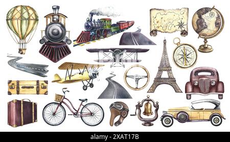 Eine Retro-Reise. Ein Set mit Vintage-Transporten. Clip-Art von Aquarellillustrationen von Hand. Isolieren Sie sie. Für Banner, Flyer, Poster. Zum Drucken Stockfoto