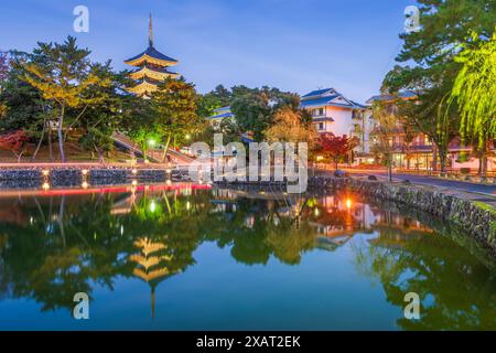 Nara, Japan am Sarusawa-Teich zur blauen Stunde. Stockfoto