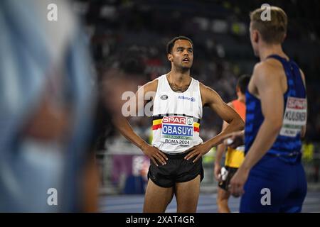 Rom, Italien. Juni 2024. Der Belgier Michael Obasuyi reagiert auf das 110-m-Hürdenfinale der Männer bei der Leichtathletik-Europameisterschaft in Rom, Italien, am Samstag, den 08. Juni 2024. Die Leichtathletik-Europameisterschaften finden vom 7. Bis 12. Juni statt. BELGA FOTO JASPER JACOBS Credit: Belga News Agency/Alamy Live News Stockfoto