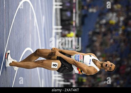 Rom, Italien. Juni 2024. Der Belgier Michael Obasuyi reagiert auf das 110-m-Hürdenfinale der Männer bei der Leichtathletik-Europameisterschaft in Rom, Italien, am Samstag, den 08. Juni 2024. Die Leichtathletik-Europameisterschaften finden vom 7. Bis 12. Juni statt. BELGA FOTO JASPER JACOBS Credit: Belga News Agency/Alamy Live News Stockfoto