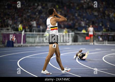 Rom, Italien. Juni 2024. Der Belgier Michael Obasuyi reagiert auf das 110-m-Hürdenfinale der Männer bei der Leichtathletik-Europameisterschaft in Rom, Italien, am Samstag, den 08. Juni 2024. Die Leichtathletik-Europameisterschaften finden vom 7. Bis 12. Juni statt. BELGA FOTO JASPER JACOBS Credit: Belga News Agency/Alamy Live News Stockfoto