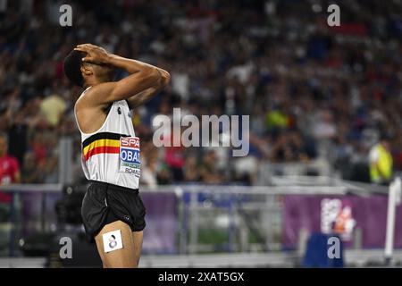 Rom, Italien. Juni 2024. Der Belgier Michael Obasuyi reagiert auf das 110-m-Hürdenfinale der Männer bei der Leichtathletik-Europameisterschaft in Rom, Italien, am Samstag, den 08. Juni 2024. Die Leichtathletik-Europameisterschaften finden vom 7. Bis 12. Juni statt. BELGA FOTO JASPER JACOBS Credit: Belga News Agency/Alamy Live News Stockfoto