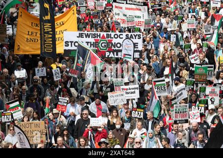 London, Großbritannien. 8. Juni 2024. Zehntausende palästinensische Unterstützer marschieren durch das Zentrum Londons zum Parlamentsplatz, um dort eine Koalition von Gruppen wie der palästinensischen Solidaritätskampagne, der Stop the war Coalition, der Freunde von Al Aqsa und der CND zu protestieren. Die Demonstranten forderten einen Waffenstillstand und ein Ende der Unterstützung Großbritanniens und der USA für die Belagerung, Bombardierung und Invasion Israels in Gaza nach einem Angriff von Hamas-Kämpfern. Quelle: Ron Fassbender/Alamy Live News Stockfoto