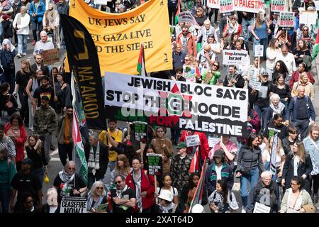 London, Großbritannien. 8. Juni 2024. Zehntausende palästinensische Unterstützer marschieren durch das Zentrum Londons zum Parlamentsplatz, um dort eine Koalition von Gruppen wie der palästinensischen Solidaritätskampagne, der Stop the war Coalition, der Freunde von Al Aqsa und der CND zu protestieren. Die Demonstranten forderten einen Waffenstillstand und ein Ende der Unterstützung Großbritanniens und der USA für die Belagerung, Bombardierung und Invasion Israels in Gaza nach einem Angriff von Hamas-Kämpfern. Quelle: Ron Fassbender/Alamy Live News Stockfoto