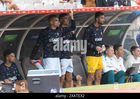 Juni 2024. Lissabon, Portugal. Der portugiesische und Porto-Verteidiger Pepe (3), der portugiesische und Al-Nassr-Stürmer Cristiano Ronaldo (7) und der portugiesische und Roma-Torhüter Rui Patricio (1) im Spiel, Portugal gegen Kroatien Credit: Alexandre de Sousa/Alamy Live News Stockfoto