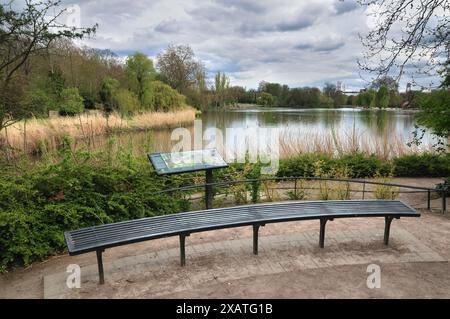 Eine leere Bank und Informationen/Hinweistafel neben dem Regent's Park Boating Lake an einem warmen bewölkten Tag, North West London, England, Großbritannien Stockfoto