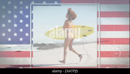 Amerikanische Flagge mit Störeffekt gegen afroamerikanerin mit Surfbrett am Strand Stockfoto