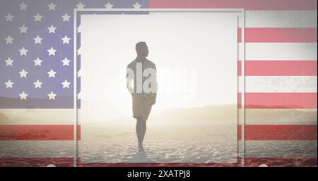 Amerikanische Flagge mit Störeffekt gegen afroamerikanischen Mann, der am Strand läuft Stockfoto