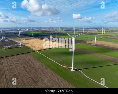 Großer Windpark mit Windturbinen auf landwirtschaftlichen Flächen in den Niederlanden, Europa Stockfoto