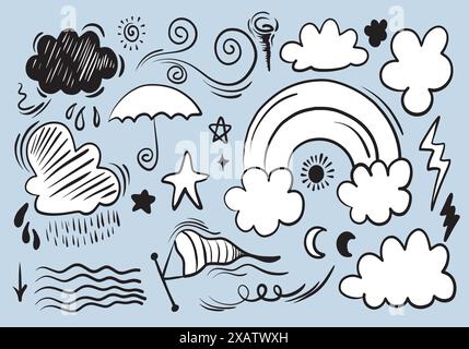 Wetter Doodle Vektor Set isoliert auf einem weißen Hintergrund. Handgezeichnete Vektorgrafik. Stock Vektor