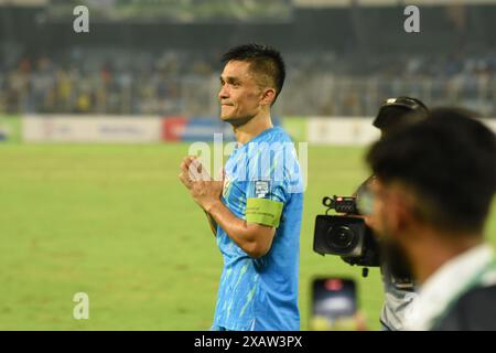 Kalkutta, Ciudad de Mexico, Indien. Juni 2024. Sunil Chhetri von der indischen Nationalmannschaft, wird während einer Willkommenszeremonie vom indischen Fußballverband empfangen, bevor die indischen Fußballverbände gegen Afghanistan antreten. Am 6. Juni 2024 in Kalkutta, Indien. (Credit Image: © Dipa Chakraborty/eyepix via ZUMA Press Wire) NUR REDAKTIONELLE VERWENDUNG! Nicht für kommerzielle ZWECKE! Stockfoto