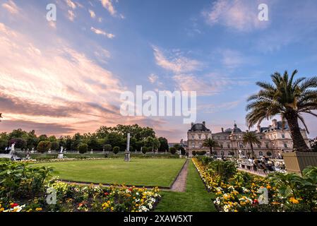 Blick auf den Jardin du Luxembourg Blumenbeete und den Luxembourg Palace - Paris, Frankreich Stockfoto