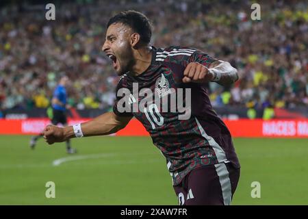 College Station, Texas, USA. Juni 2024. Der Mexikaner ALEXIS VEGA (10) feiert, nachdem er das erste Tor des Spiels im zweiten Halbjahr 2024 im Kyle Field in College Station erzielt hat. (Kreditbild: © Brian McLean/ZUMA Press Wire) NUR REDAKTIONELLE VERWENDUNG! Nicht für kommerzielle ZWECKE! Stockfoto