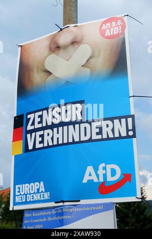 AFD-Wahlplakat - Wahl zum Europäischen Parlament - die Wahl zum Europäischen Parlament findet vom 6. bis 9. Juni 2024 statt, sowohl in Deutschland als auch in Europa - Herleshausen, Deutschland, GER, DEU, Deutschland, 01.06.2024 - Herleshausen: Wahlplakat der Partei AfD mit dem Slogan: AM 9,6. AFD - ZENSUR VERHINDERN - EUROPA neu DENKEN - Logo: AFD - Abbildungen: Mund mit zwei großem Pflastern beklebt Redeverbot, Schweigen, verstummt, Beeinflussung der öffentlichen Meinung, Kontrolle menschlicher Äußerungen - Deutsche Nationalfarben Schwarz Rot Gold *** AfD-Wahlplakat Wahl zur Europawahl Stockfoto