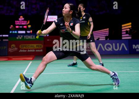 Jakarta, Indonesien. Juni 2024. Mayu MATSUMOTO und Wakana NAGAHARA (Front) von Japan in Aktion während des Doppelspiels der Frauen am fünften Tag der Kapal API Indonesia Open zwischen JIA Yi Fan und CHEN Qing Chen aus China und Mayu MATSUMOTO und Wakana NAGAHARA aus Japan im Istora Gelora Bung Karno am 8. Juni 2024 in Jakarta, Indonesien Credit: IOIO IMAGES/Alamy Live News Stockfoto