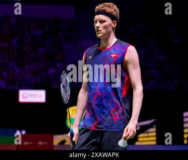 Jakarta, Indonesien. Juni 2024. Anders ANTONSEN aus Dänemark im Einzelspiel am 5. Tag der Kapal API Indonesia Open gegen Kunlavut VITIDSARN aus Thailand im Istora Gelora Bung Karno am 8. Juni 2024 in Jakarta, Indonesien Credit: IOIO IMAGES/Alamy Live News Stockfoto