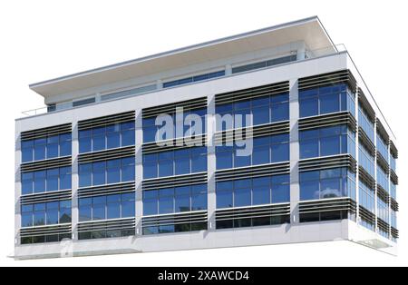 Modernes Standard-Bürogebäude ohne Namen aus Glas, Stahl und Beton. Isoliert auf weiß Stockfoto