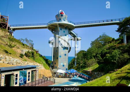 Donghae, Südkorea - 18. Mai 2024: Der zentrale Turm des Dojebigol Sky Valley mit seiner spiralförmigen Rutsche und Verbindungsstegen bietet abenteuerliche Action Stockfoto