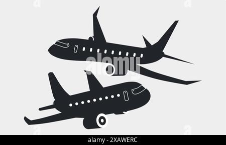 Silhouetten von Jet-Flugzeugen und kommerziellen Flugzeugen. Illustration Des Symbols Silhouette Flugzeug. Touristenflüge. Stock Vektor