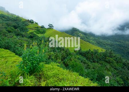 Dramatischer Blick auf Wolken über grünen steilen Hügeln, Nuku Hiva Insel, Marquesas, Französisch-Polynesien Stockfoto