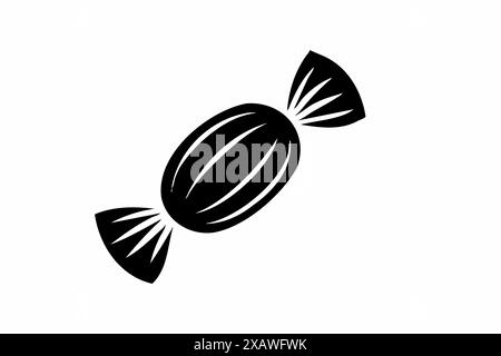 Schwarze Silhouette eines Bonbons in gestreifter Verpackung. Isoliert auf weißem Hintergrund. Süßigkeiten-Ikone in minimalistischem Stil. Begriff der Süßwaren, d Stock Vektor