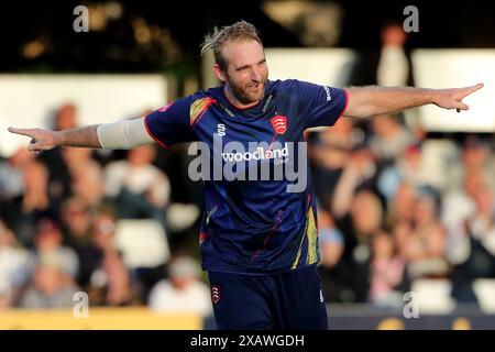 Paul Walter von Essex feiert mit seinen Teamkollegen, nachdem er den Wicket von Dan Douthwaite während Essex Eagles vs Glamorgan, Vitality Blast T20 CRI, übernommen hat Stockfoto