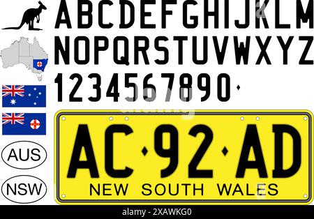 New South Wales Autokennzeichen Muster, Buchstaben, Zahlen und Symbole, Vektorillustration, Australien Stock Vektor