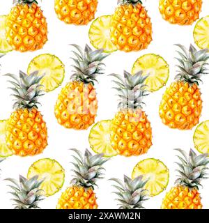 Nahtloses Aquarellmuster mit Ananas und Scheiben für einen tropischen, sommerlichen Look mit frischen, hellen Farben Stockfoto